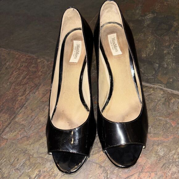 Max Mara Black Patent Leather Peep Toe Pumps Stiletto Heels 39 US 8.5 - Picture 5 of 9